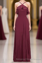 Straps Burgundy Ruffles A-line Long Bridesmaid Dress